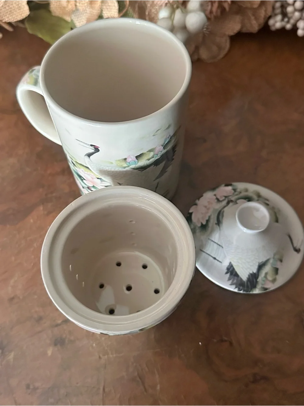 World Market Porcelain Crane & Lotus Lidded Tea Mug Cream Pink Green